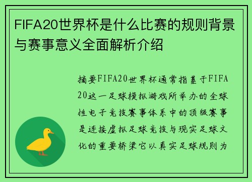 FIFA20世界杯是什么比赛的规则背景与赛事意义全面解析介绍